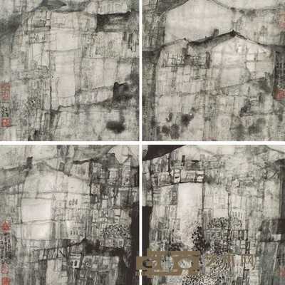 余光清 重庆民居 镜心 66×66cm×4